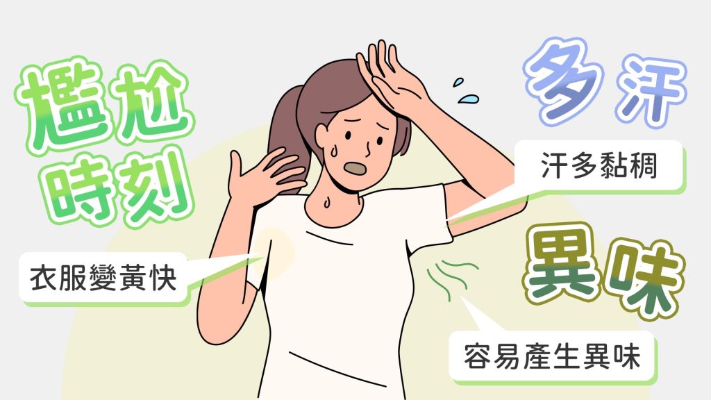 一位女士因腋下多汗症及汗漬問題，在社交場合感到尷尬不安。